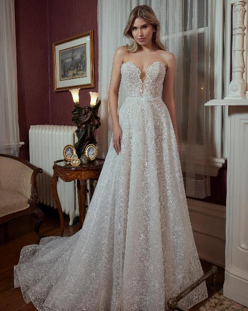 La23238 simple strapless wedding dress with long train and lace1
